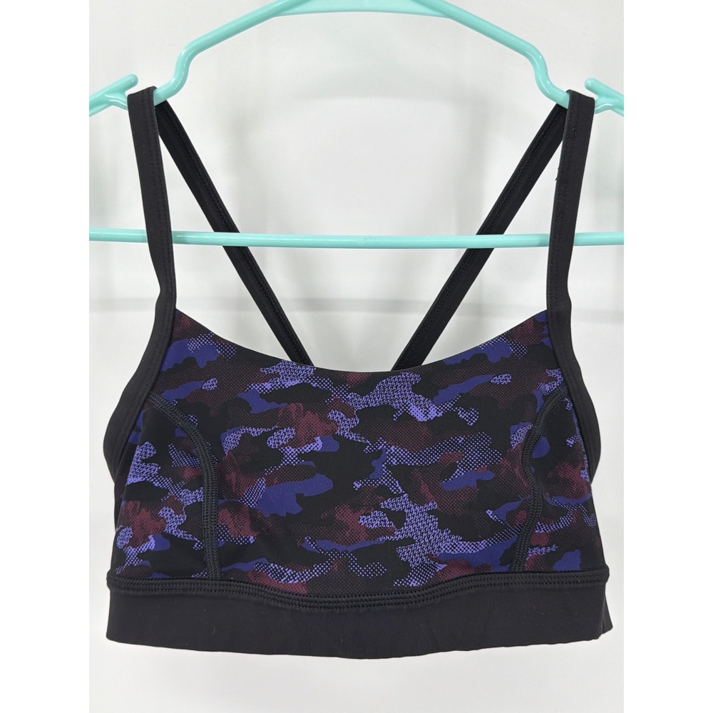 Lululemon Purple Black Camo Racerback Sports Bra Mesh Cutout Back Women XS